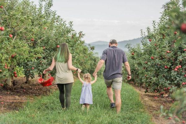 a family walking through an apple orchard